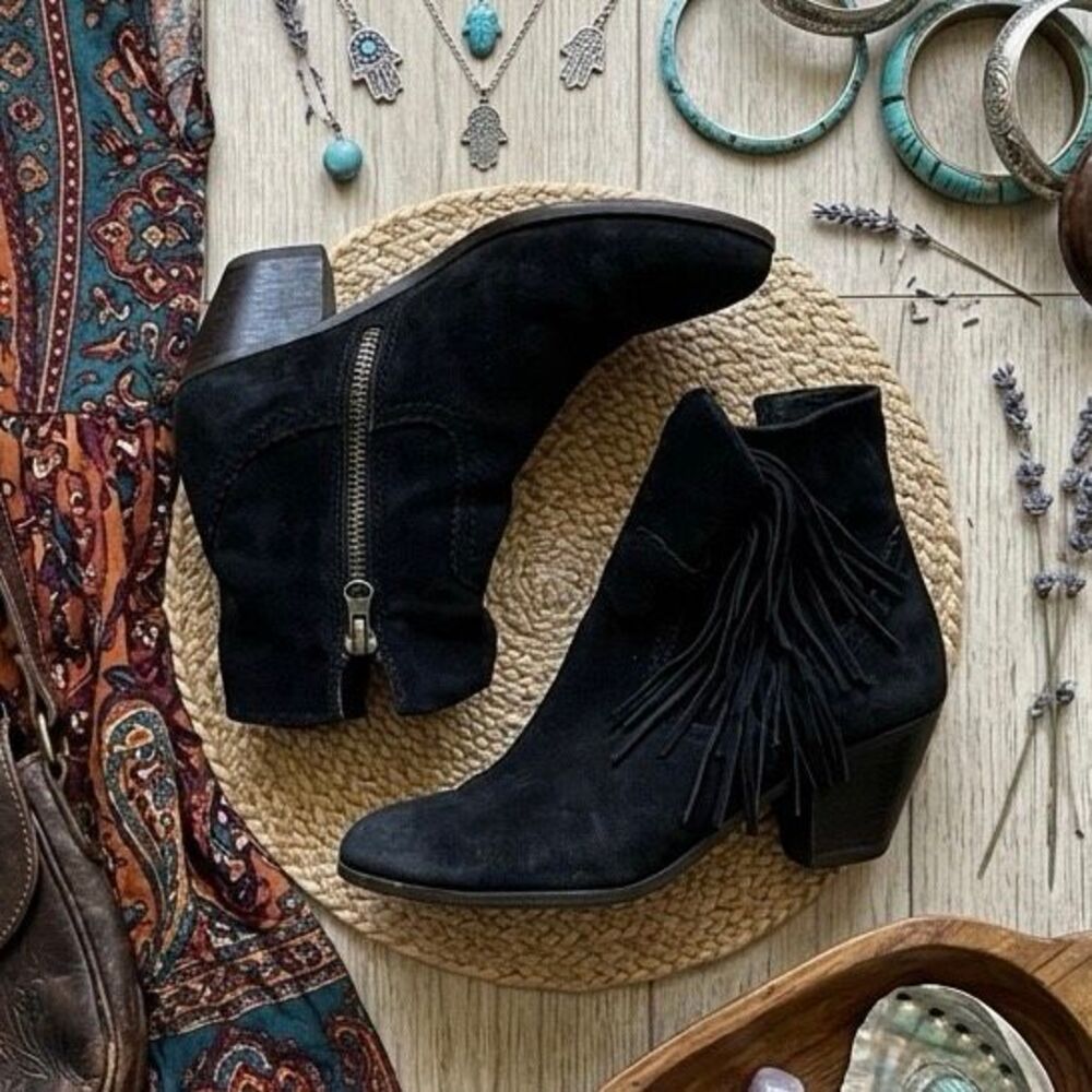 Sam Edelman Black Suede Fringe Ankle Boots Size 8.5 Boho Western Block Heel‎